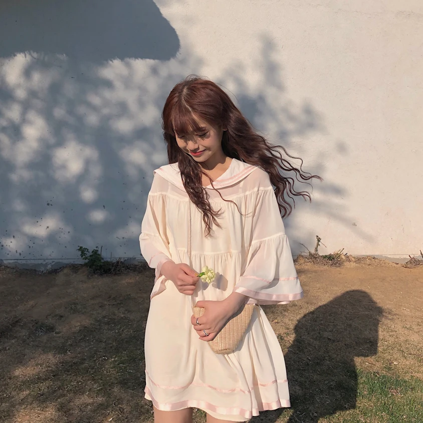 

So Cute Fair Girl Sailor Style Dress High Waist Loose Short Dress Flare Sleeve Kawaii Robe Femme Vestido Mujer Vestiti Donna