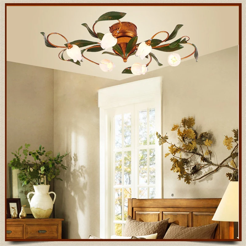 Glass Flowers Green Leaves Wrought Iron Ceiling Lights American Garden