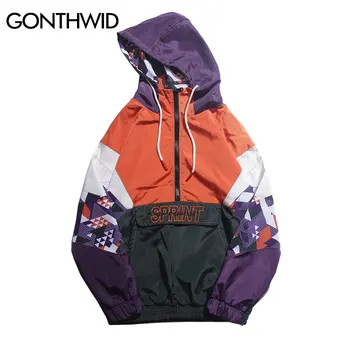 

2019 Hip Hop Color Block Hooded Jackets Men Patchwork Embroidery Fleece Jackets Mens Casual Pullover Hoodie Coat Streetwear