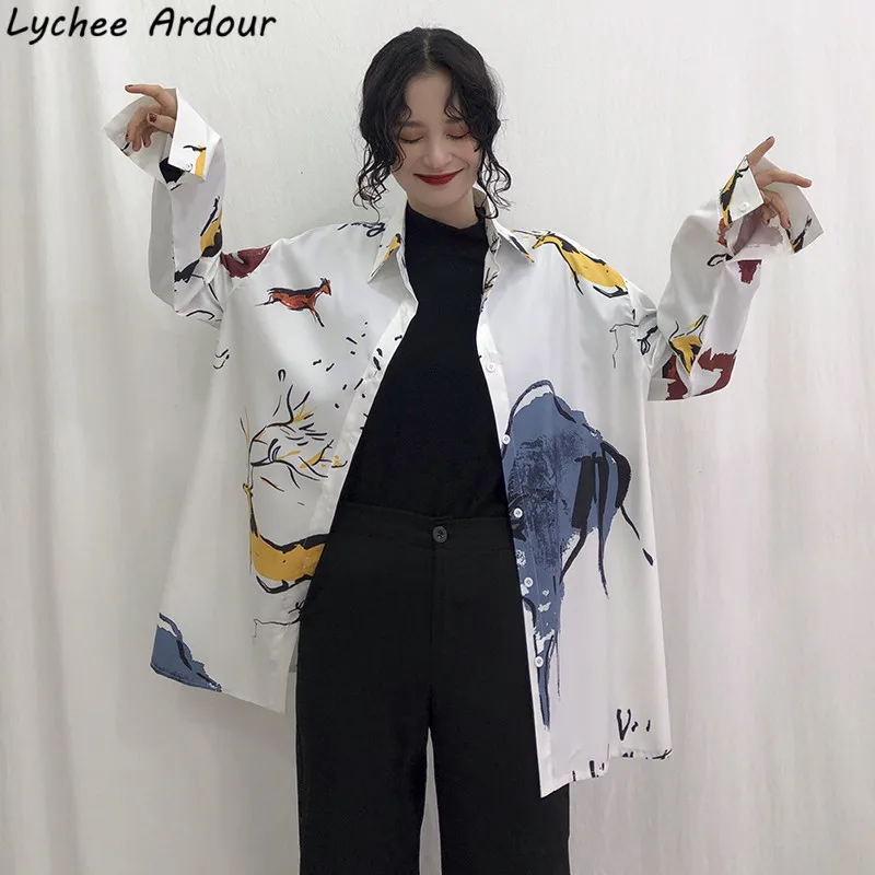 Lychee Ardour граффити однобортная блузка женская с длинным рукавом рубашки отложным