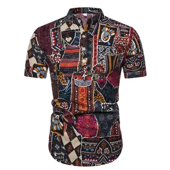 

Mens Shirt Linen Shirts Short Sleeve Casual Men Shirt 2019 Fashion Vintage Floral Print Mandarin Collar Cotton Shirts Men Camisa