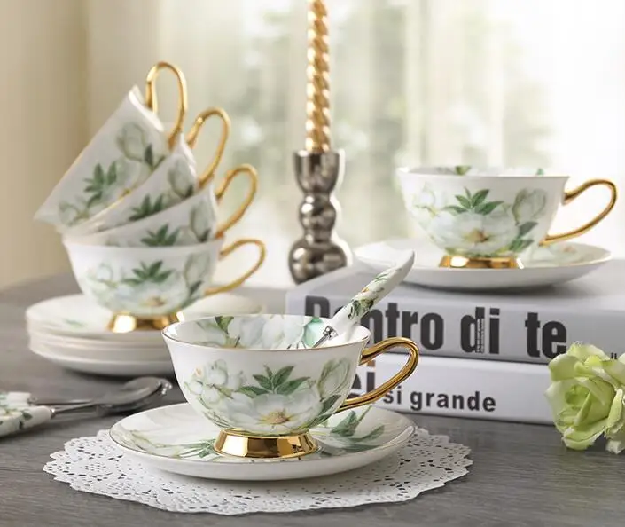 180 мл благородный керамический набор из 6 чайных чашек с ложкой столовая посуда из китайского фарфора Цветочные Позолоченные чашки для кофе и блюдца со стойкой
