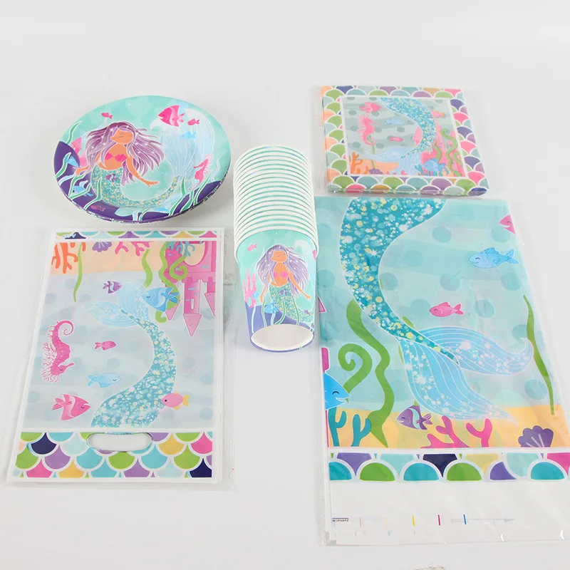 

47pcs/lot Cartoon Mermaid Disposable Party Tableware Birthday Ocean Theme Party Utensils Set Decoration for Kids Party Supplies
