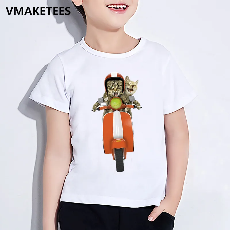 Kids Summer Girls& Boys Funny T shirt Children Real Cat Ride Motorcycle Print T-shirt Casual Comfortable Baby Clothes,ooo5010