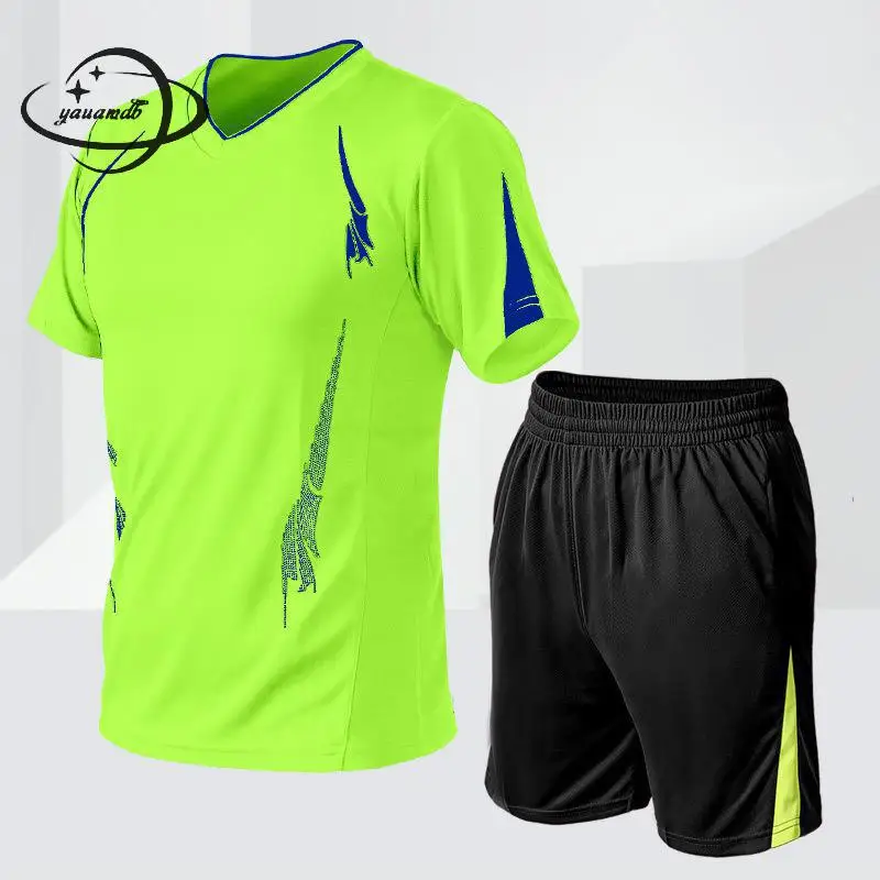

YAUAMDB men clothing set summer plus size M-9XL male suits short sleeve t shirt+shorts 2 pcs breathable pocket clothes ly51