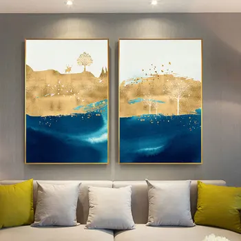 Preise Abstrakte Goldene Block Leinwand Kunst Malerei Blau Orange Große Poster Drucke Moderne Wand Kunst Wohnzimmer Gang Decor Tableaux Salon