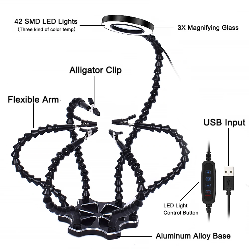 Многофункциональный инструмент для пайки GEYOTAR, сторонний инструмент, светодиодный, 3X увеличительное стекло, 6 шт., гибкий инструмент для сварки