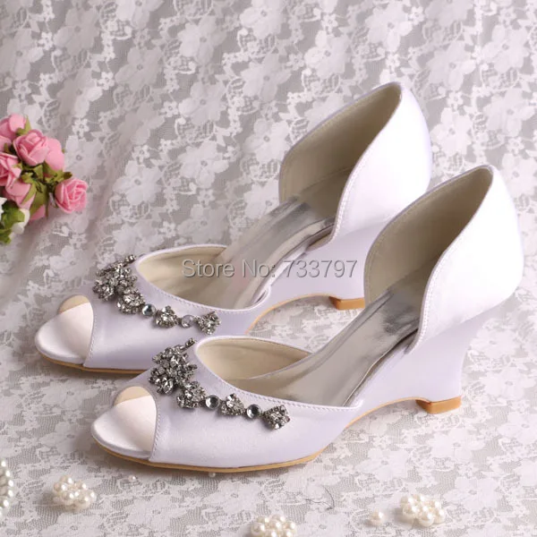 white satin wedges