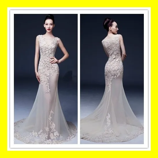 V-Neck Spaghetti Strap Button Lace Applique Mermaid Court Train Wedding Dresses 2015 Free Shipping | Свадьбы и торжества