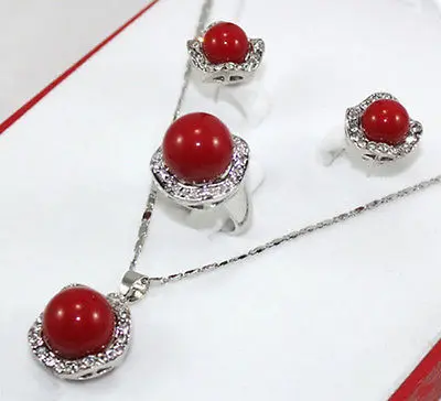 

Wholesale new red shell pearl Earrings /Ring /Necklace Pendant Set AAA