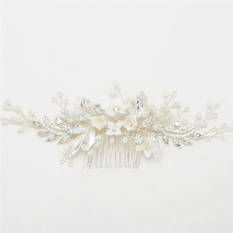 

Jonnafe Porcelain Floral Bridal Hair Comb Silver Color Headpiece For Women Hand wired Wedding Hair Jewelry