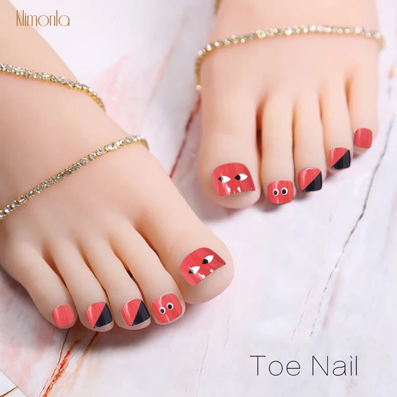24pcs Foot False Nails Set Red Eyes Full Nail Tips For UV Gel Acrylic Fake Toenails With Glue