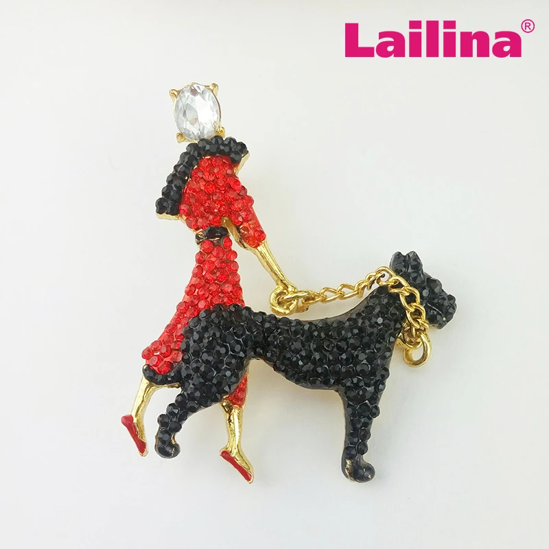 

Fashion New Arrival Custome 50mm Collar scottie dog and red with black crystal rhinestone lady dog brooch