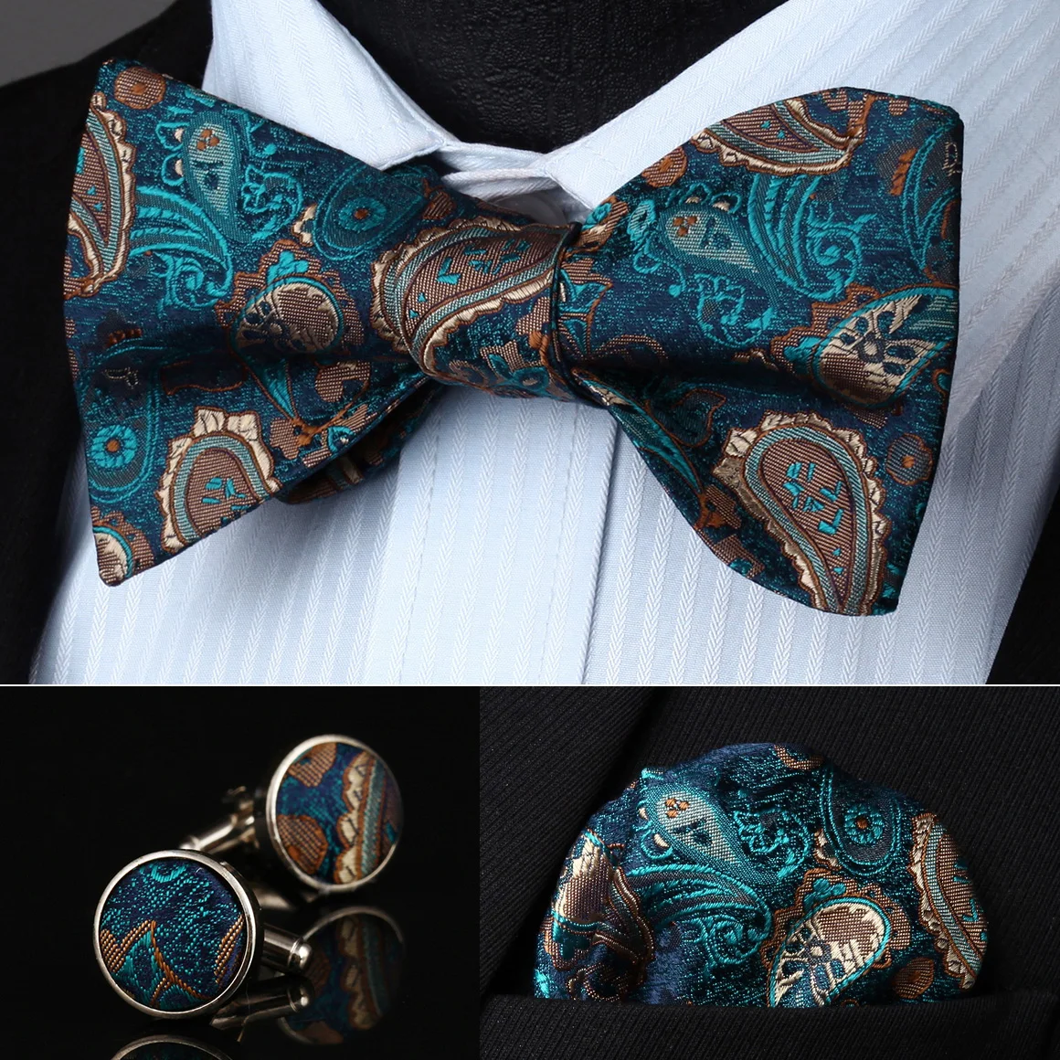  Pocket Square Classic Party Wedding BZP15QS3 Blue Green Paisley Men Silk Self Bow Tie handkerchief 