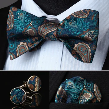 

Pocket Square Classic Party Wedding BZP15QS3 Blue Green Paisley Men Silk Self Bow Tie handkerchief Cufflinks set