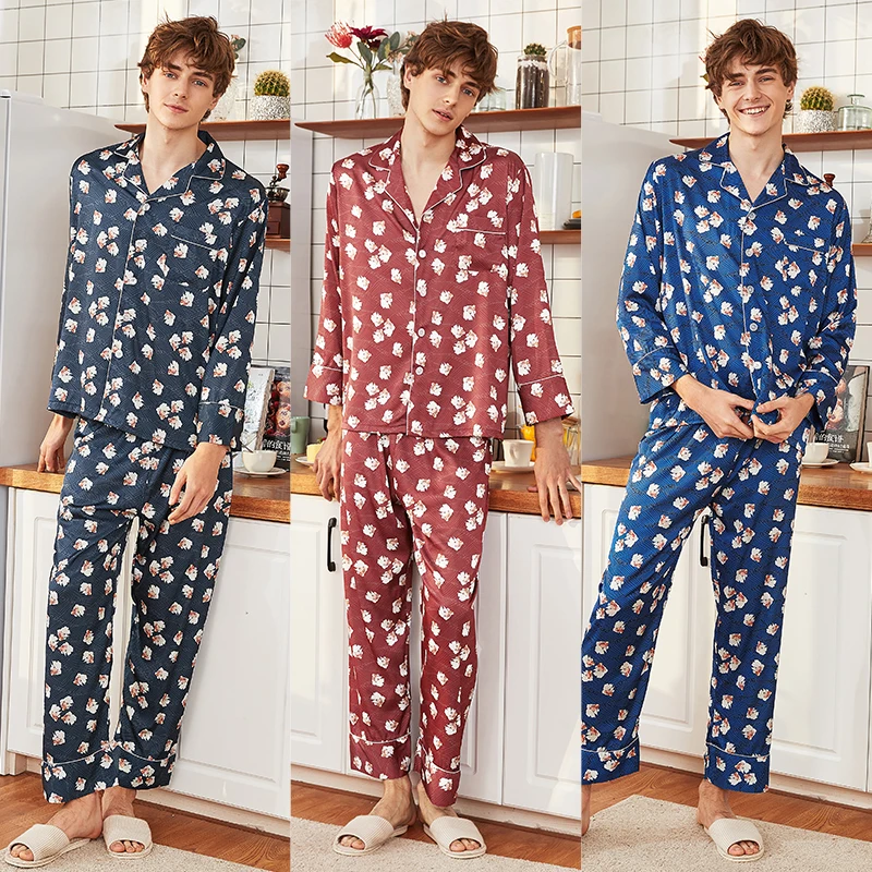 

Pajamas for Men Night Wear pijama Hombre Loungwear Sleepwear Robes Set Men Nightwear pigiama uomo Soft Silk Satin Pajama Set