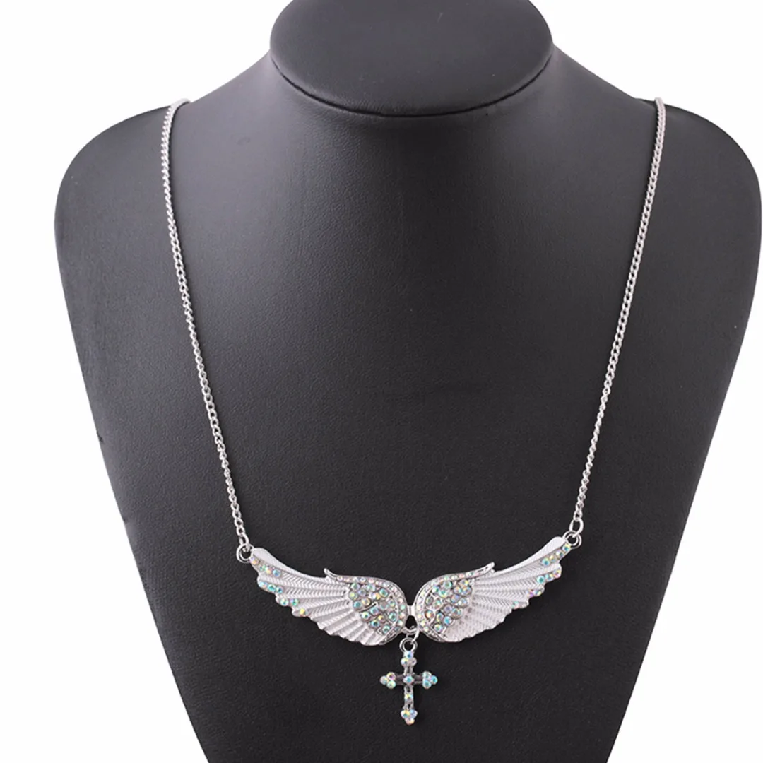 Chic Chain Necklaces Sexy Ladies Crystal Angel Wings Cross Necklaces & Pendants Fashion Jewelry For Women Shellhard