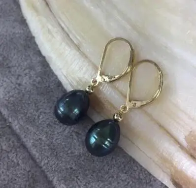 

free shipiing HANDMADE CHARMING 9X12MM BLACK PEARL EARRING GOLD 14K/20