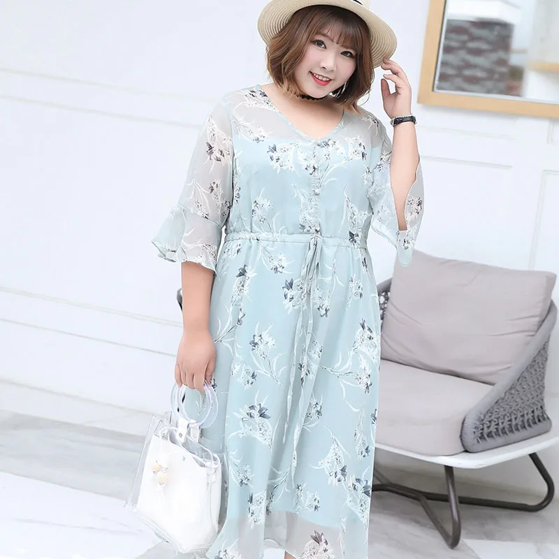 

2018 New Arrival Summer Large Size Women's Chiffon Dress XL-4XL Korean Version Floral Three-Quarter Sleeve Slim Dress Big Size