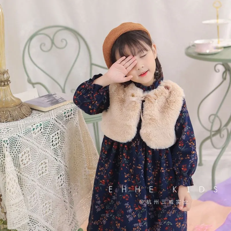 

Girls dress 2018 autumn and winter new long-sleeved princess dress fur stitching fake two-piece plus velvet dress