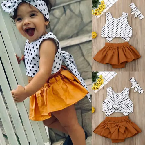 

Summer Cute Newborn Infant Kid Girls Polka Dot Tops Headband Bow Knot Skirt 3PCS Clothes