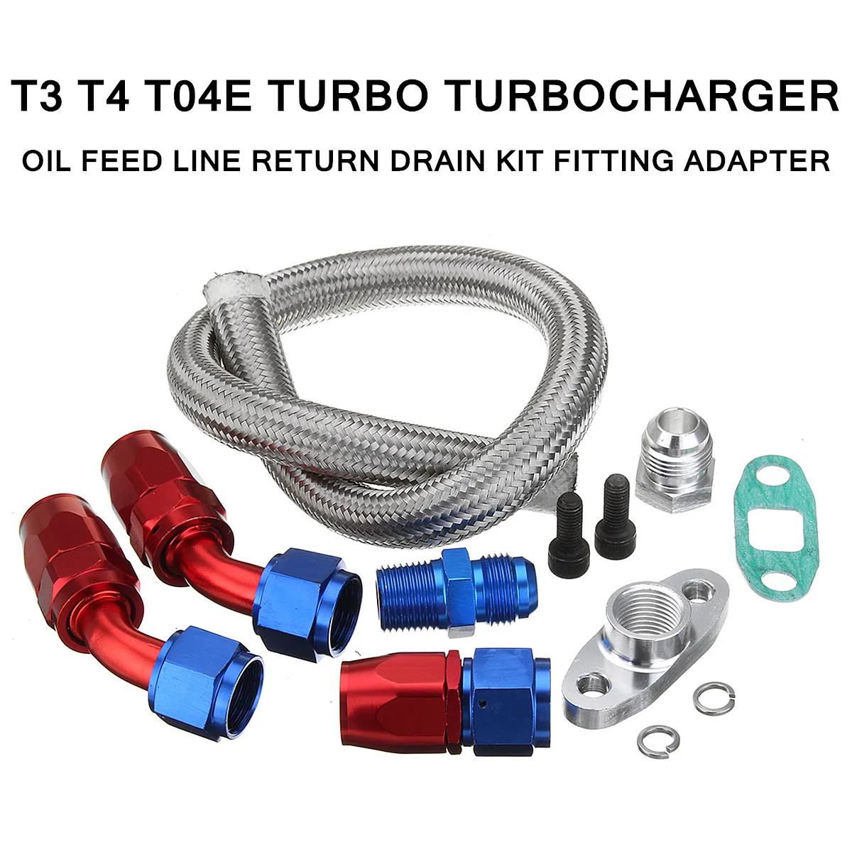 

T3/T4/T04E/T60/T61/T70 Turbo Turbocharger Oil Feed Line Return Drain Kit Set Fitting Adapter Stainless Steel Hose Length 55cm