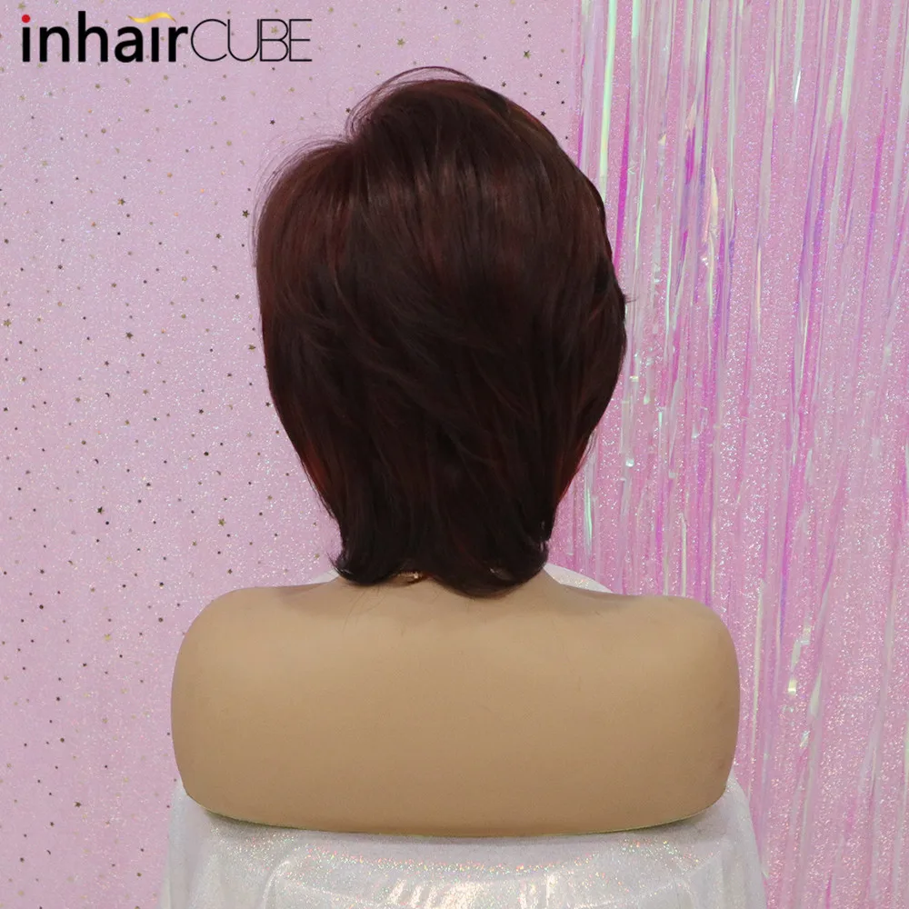 Inhaircube sintético inclinado flequillo Peluca de mujer rojo vino con relieve de pelo corto recto Bob pelucas Cosplay Auburn peinado Inhaircube sintético inclinado flequillo Peluca de mujer rojo vino con relieve de pelo corto recto Bob pelucas Cosplay Auburn peinado