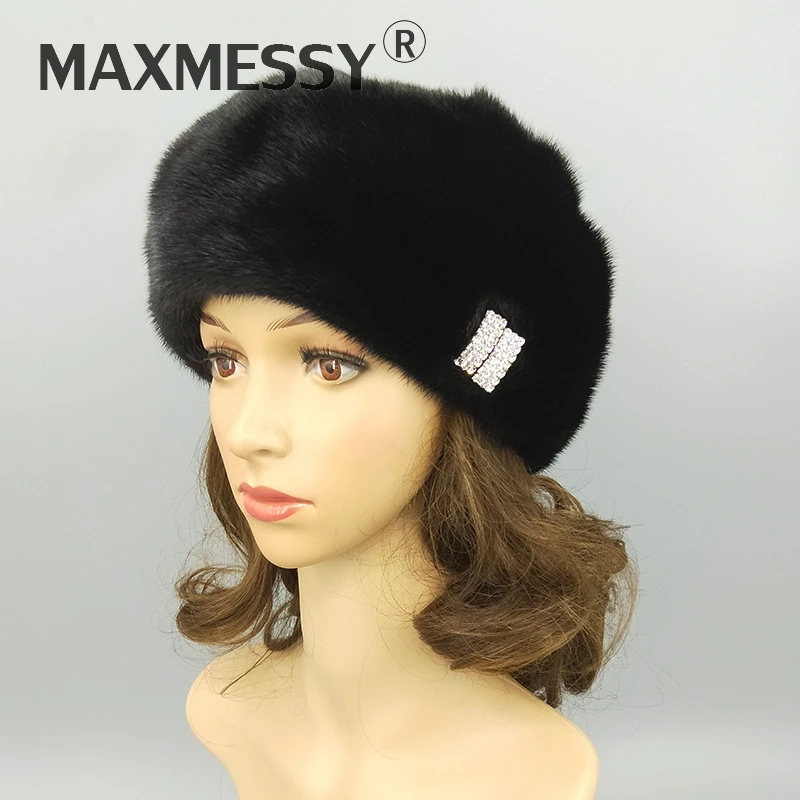 MAXMESSY модные женские туфли толстый тепло зимой Earflap реального норки шляпа высокое качество роскошные леди натуральной Меховой берет мягкий