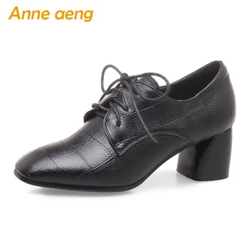 

New Spring/Autumn Women Pumps Middle Heels Square Toe Lace-Up Classic Sexy Ladies Brogue Women Shoes Black Pumps Big Size 33-43