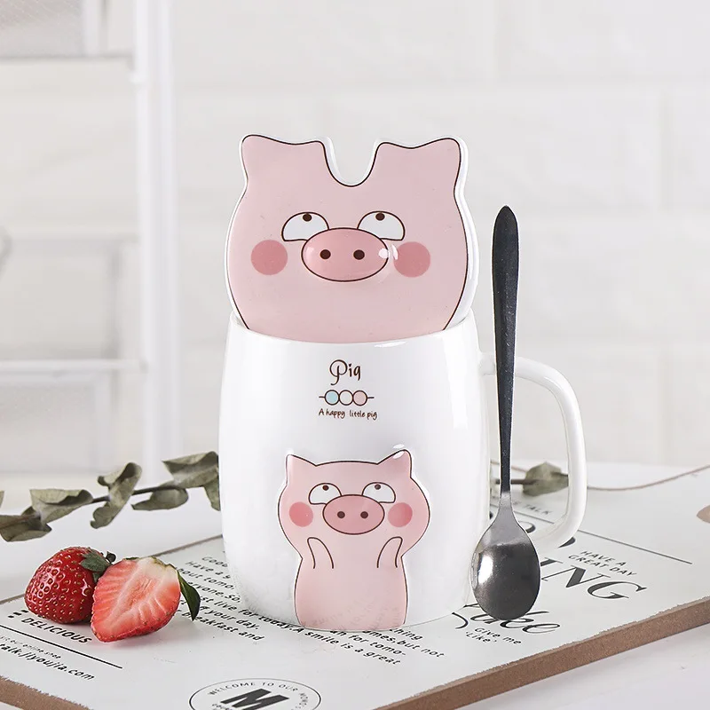 

300ML cute pig ceramic mugs coffee mug with lid spoon cute gift ceramic cup banquet gift cartoon milk breakfast cup