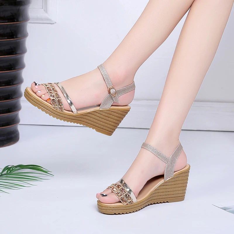 2018 Summer Women Wedge Sandals Bling Dress Shoes Silver Platform