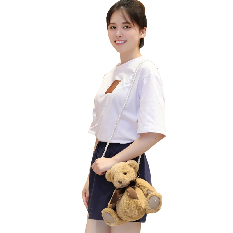 

Millffy 25cm cute Bear shoulder bag pearl chain Messenger bag cute cartoon sweet girl raw plush shoulder bag bow bear bag