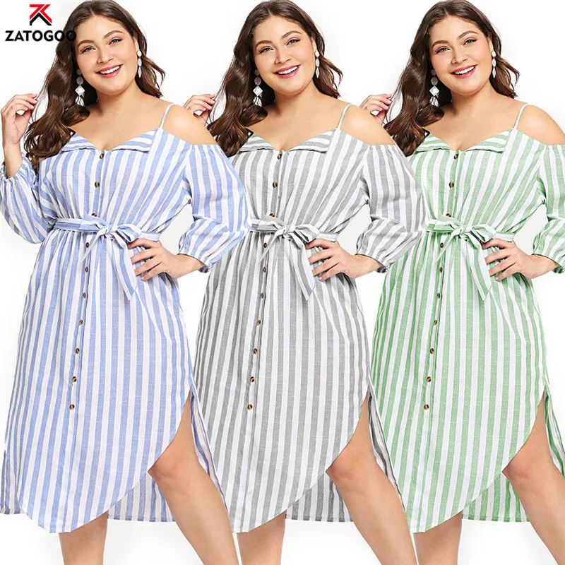 

2019 Casual Large Big Plus Size Summer Lady Dresses Sling Loose Off Shoulder Elegant Women Blue Stripe Sash Dress Fat Green Gray