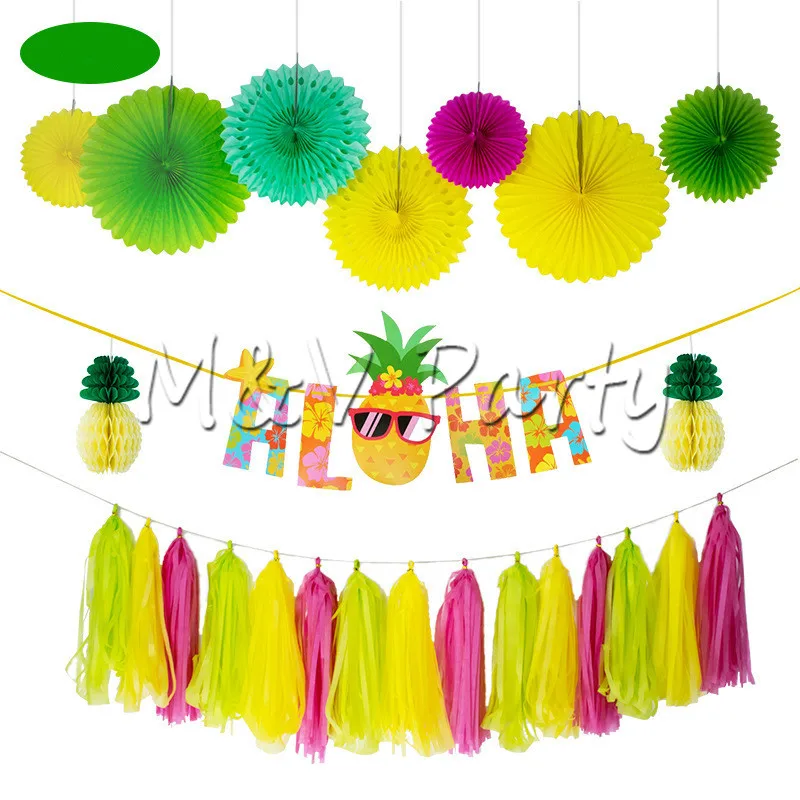 

Summer Hawaii ALOHA Banner Pineapple Honeycomb Ball Set Party Paper Fan Tassel Hawaii Theme Party Supplies Decorations