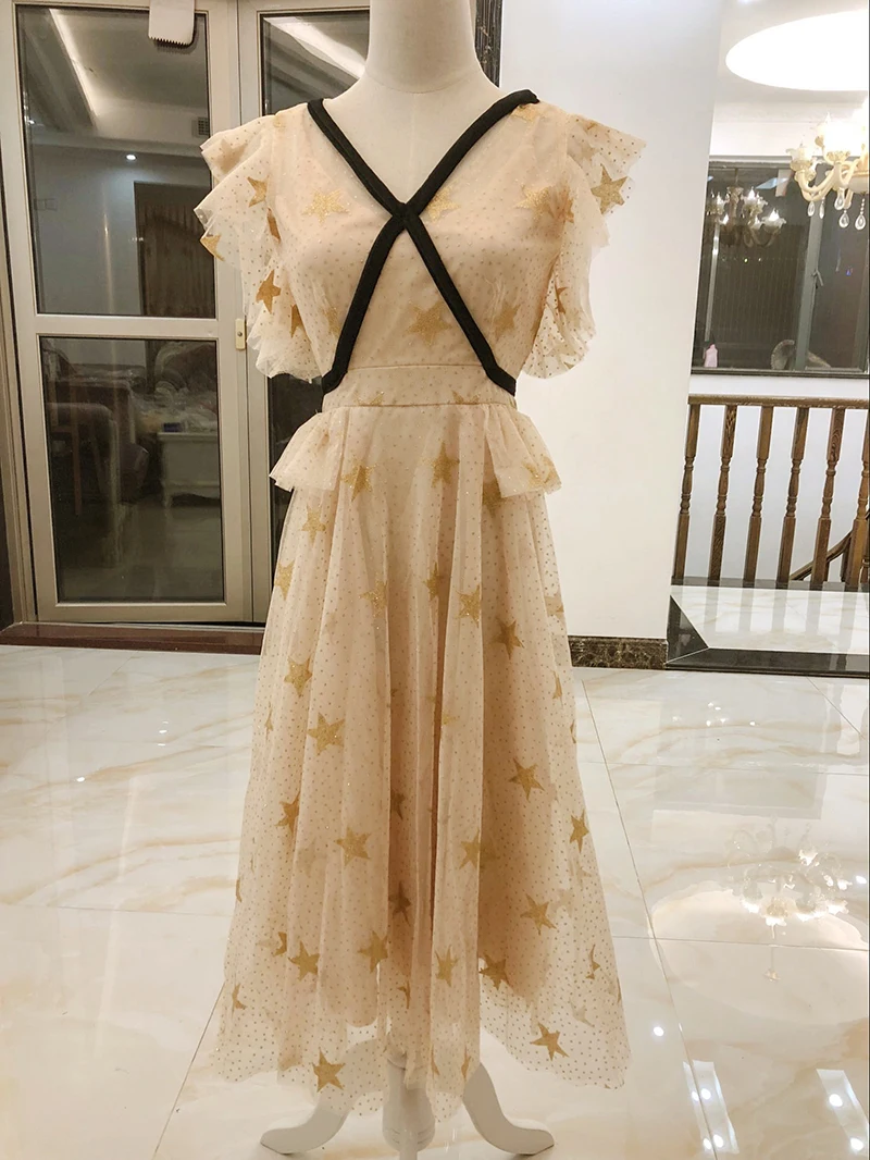 

Apricot Colour Starry Midi Dress Female V-neck Slim Dress Fashion Ladies Wedding Party Dress Bridesmaid Back of Zipper