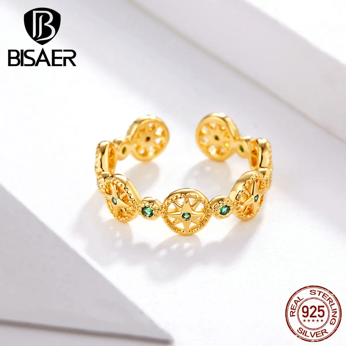 BISAER, Ретро стиль, 925 пробы, серебряная звезда, кольцо на палец, для женщин, Круглый Круг, геометрический, регулируемые кольца для женщин, свадебные украшения