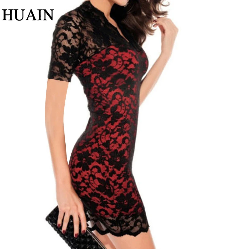 

Lace Sheath Dress 2018 Summer Lace Dress Women High Waist Short Sleeve 2017 V-Neck Red/Green Bodycon Sexy Party Dresses Female