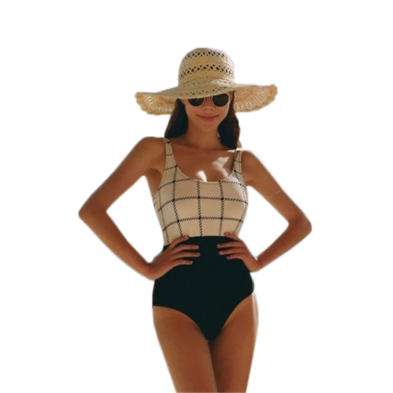 white and black Backless Swimwear For Women Plaid Vintage Swimsuit Female Bathing Suit Ladies Swim Wear Push Up Beachwear Sexy Monokini XL - Цвет: white and black