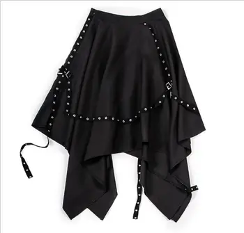 

European rivet stitching irregularity Woman skirt Gothic fashion black casual locomotive Skirt