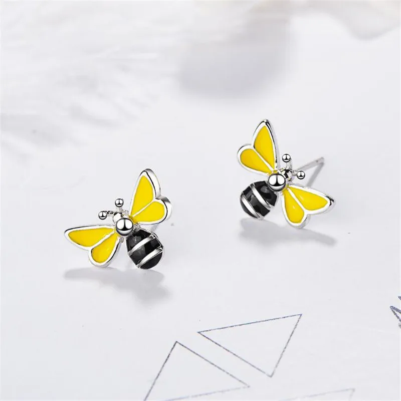 

New Sweet Insect Exquisite Colorful Epoxy 925 Sterling Silver Jewelry Personality Bee Temperament Cute Stud Earrings SE717