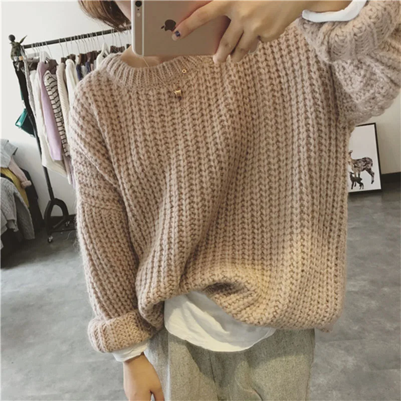 

NORMOV 2019 New Autumn Winter Women Sweater Korean Style O Neck Full Sleeve Solid Pullovers Loose Cotton Knitted Sweater