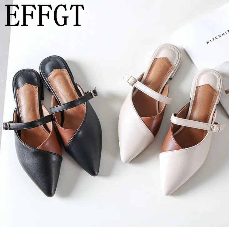 

EFFGT 2019 Summer Classic Mules Slides PU Leather Outdoor Slipper Flat Heel Buckle Woman Pointed toe Shoes fashion Sandals