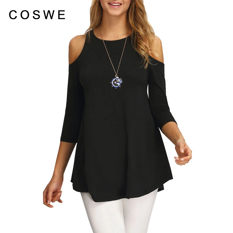 COSWE свободные негабаритных хлопковые топы с открытыми плечами черный