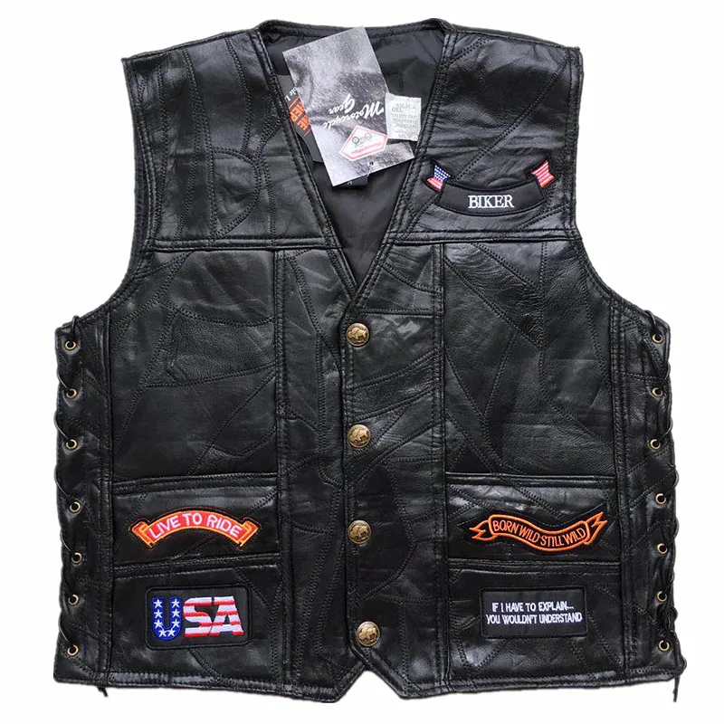 Mens Genuine Leather Retro Style Motorcycle Vest US Flag Eagle Biker