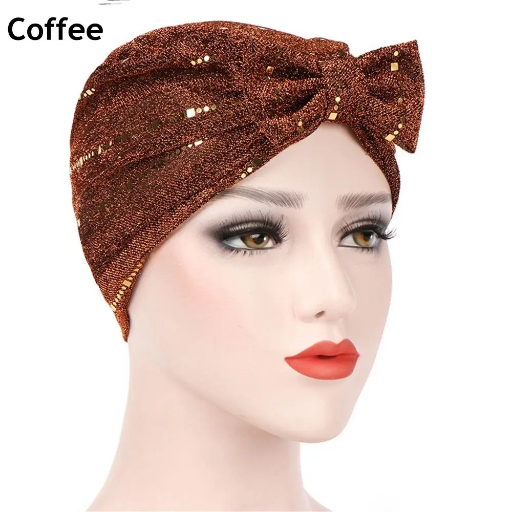 coffee Hijabs Gootrades новые женские блестящие мусульманские шляпы чалма с бантиком мягкие эластичные яркость индийский стиль платок шапочки женский платок - Цвет: coffee Hijabs