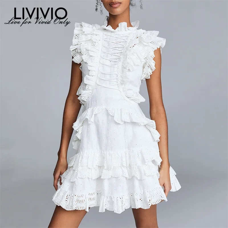 

[LIVIVIO] Hollow Out Lace Dresses Women Stand Collar Sleeveless High Waist A Line Dress Female Summer 2019 Korean Fashion