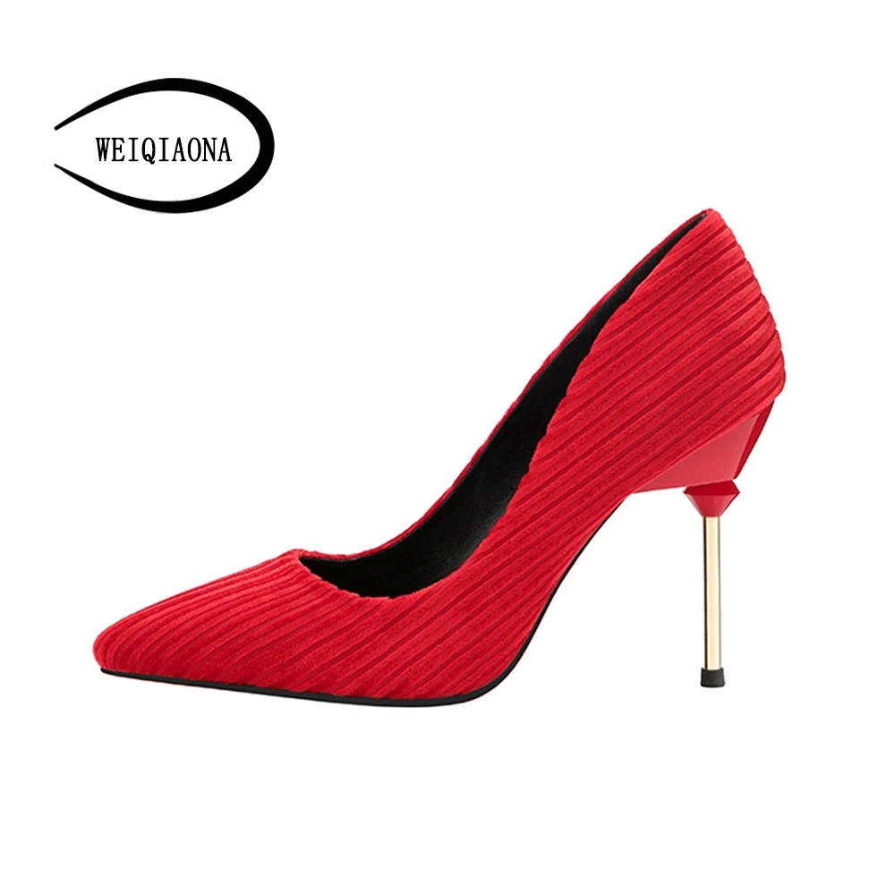 

WEIQIAONA High Quality flock Stripes High Heels Women Pumps Stiletto Metal Thin Heel Women's Shoes Shallow Pointed wedding shoes