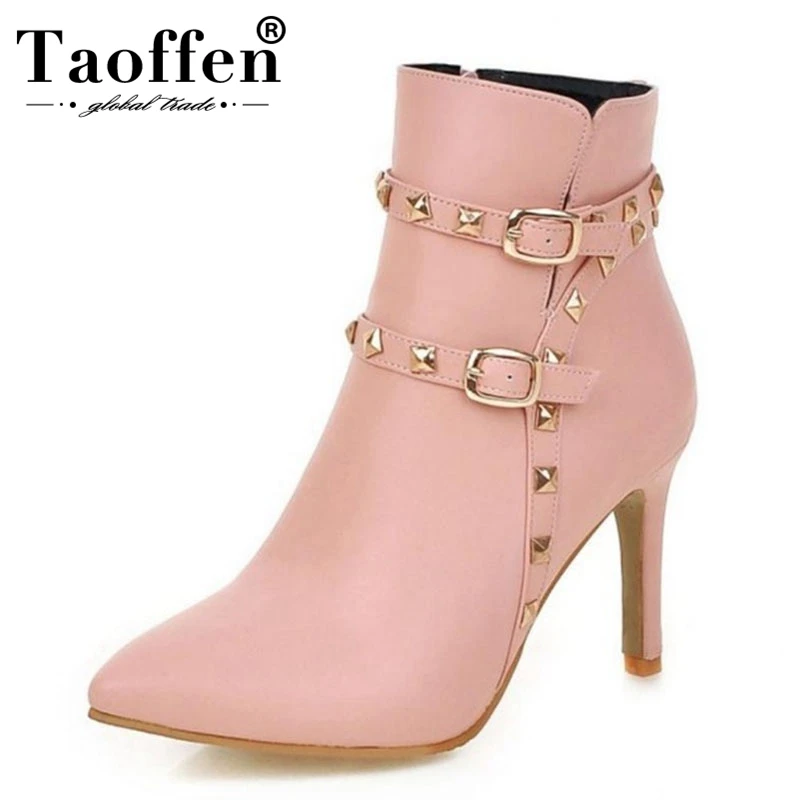 TAOFFEN/Новые Брендовые женские ботильоны с острым носком на тонком каблуке женские ботинки с пряжкой и заклепками женская обувь для