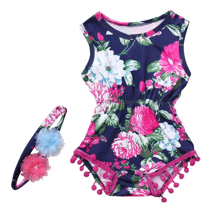 

2pcs Set Newborn Baby Girls Summer Sleeveless Floral Print Tassels Bodysuit Headbands Flower Jumpsuit Clothes Outfits