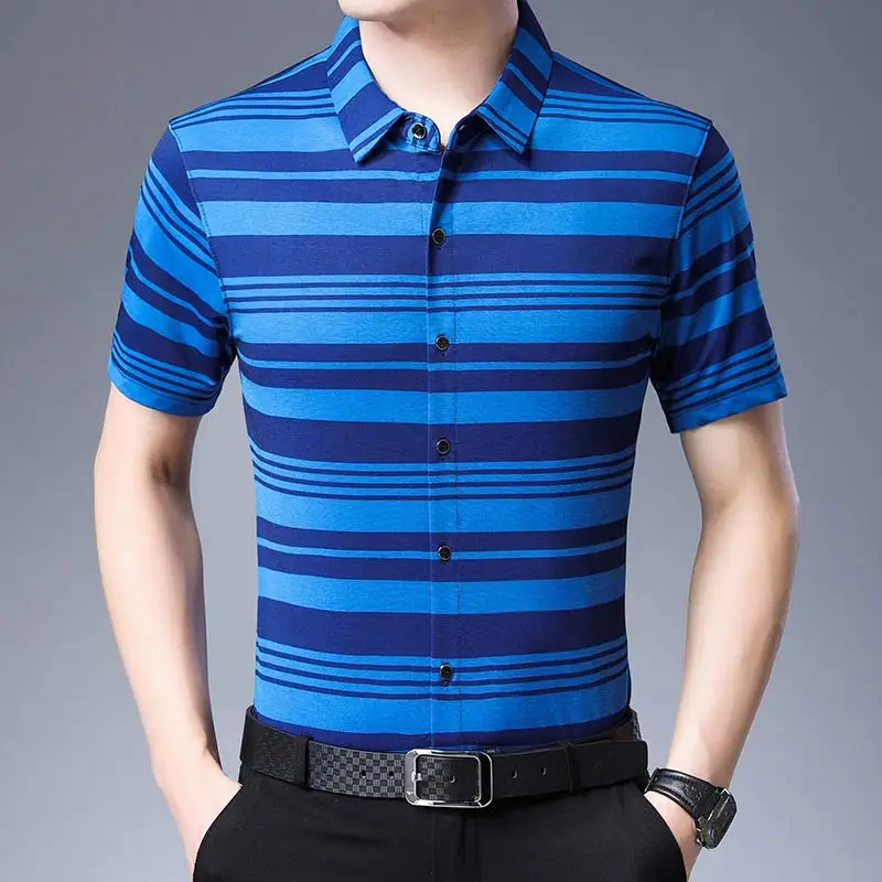 Новая повседневная Летняя Роскошная полосатая рубашка с коротким рукавом, приталенная Мужская рубашка, уличная одежда, рубашки, мужская мода, Джерси 50572 - Цвет: Light Blue